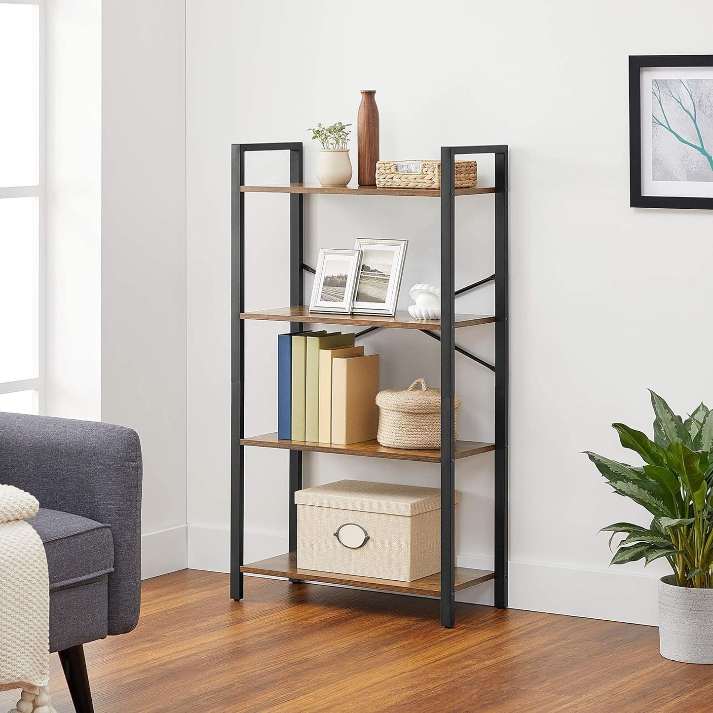VASAGLE 4-Tier Bookshelf Storage Rack with Steel Frame for Living Room Office Study Hallway Industrial Style Rustic Brown and Black - Cosy Abode