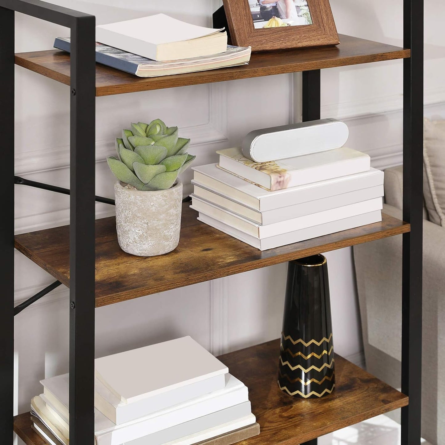 VASAGLE 4-Tier Bookshelf Storage Rack with Steel Frame for Living Room Office Study Hallway Industrial Style Rustic Brown and Black - Cosy Abode