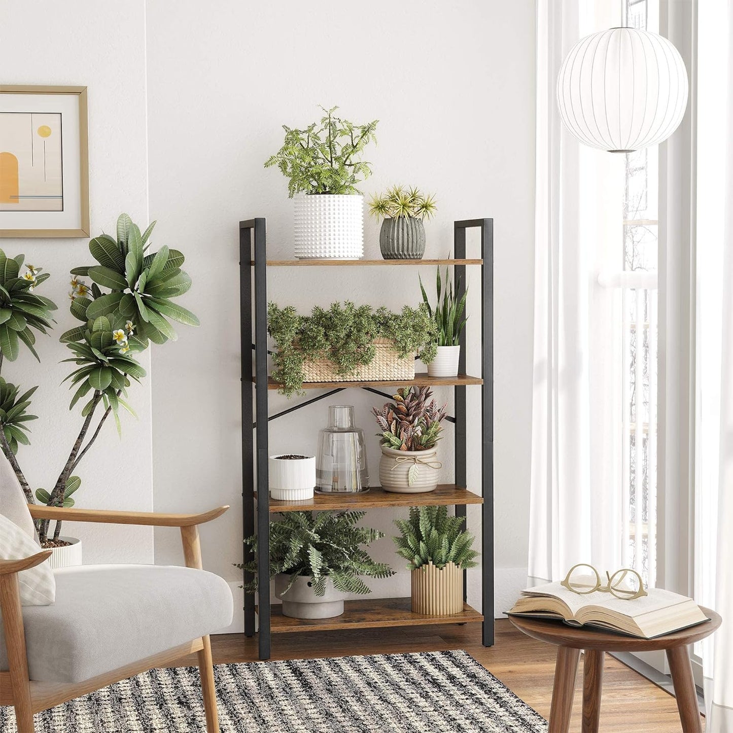 VASAGLE 4-Tier Bookshelf Storage Rack with Steel Frame for Living Room Office Study Hallway Industrial Style Rustic Brown and Black - Cosy Abode
