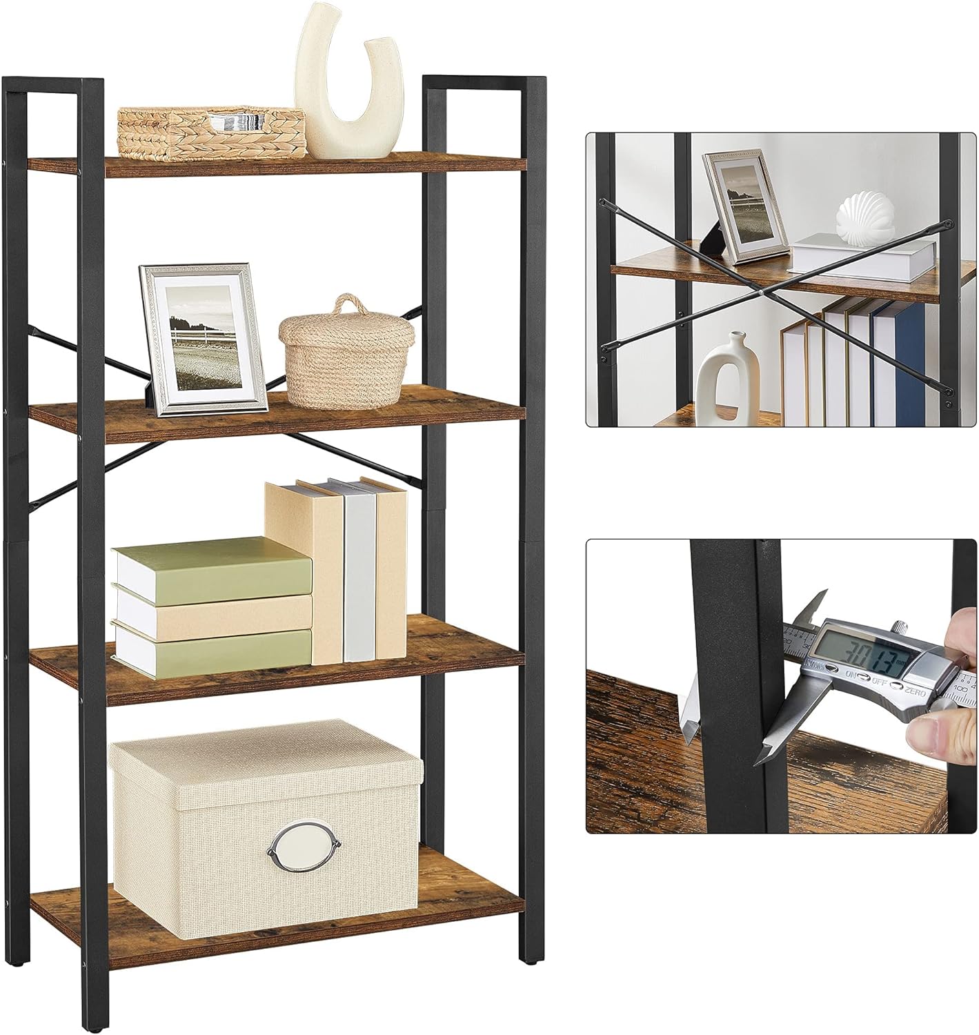 VASAGLE 4-Tier Bookshelf Storage Rack with Steel Frame for Living Room Office Study Hallway Industrial Style Rustic Brown and Black - Cosy Abode