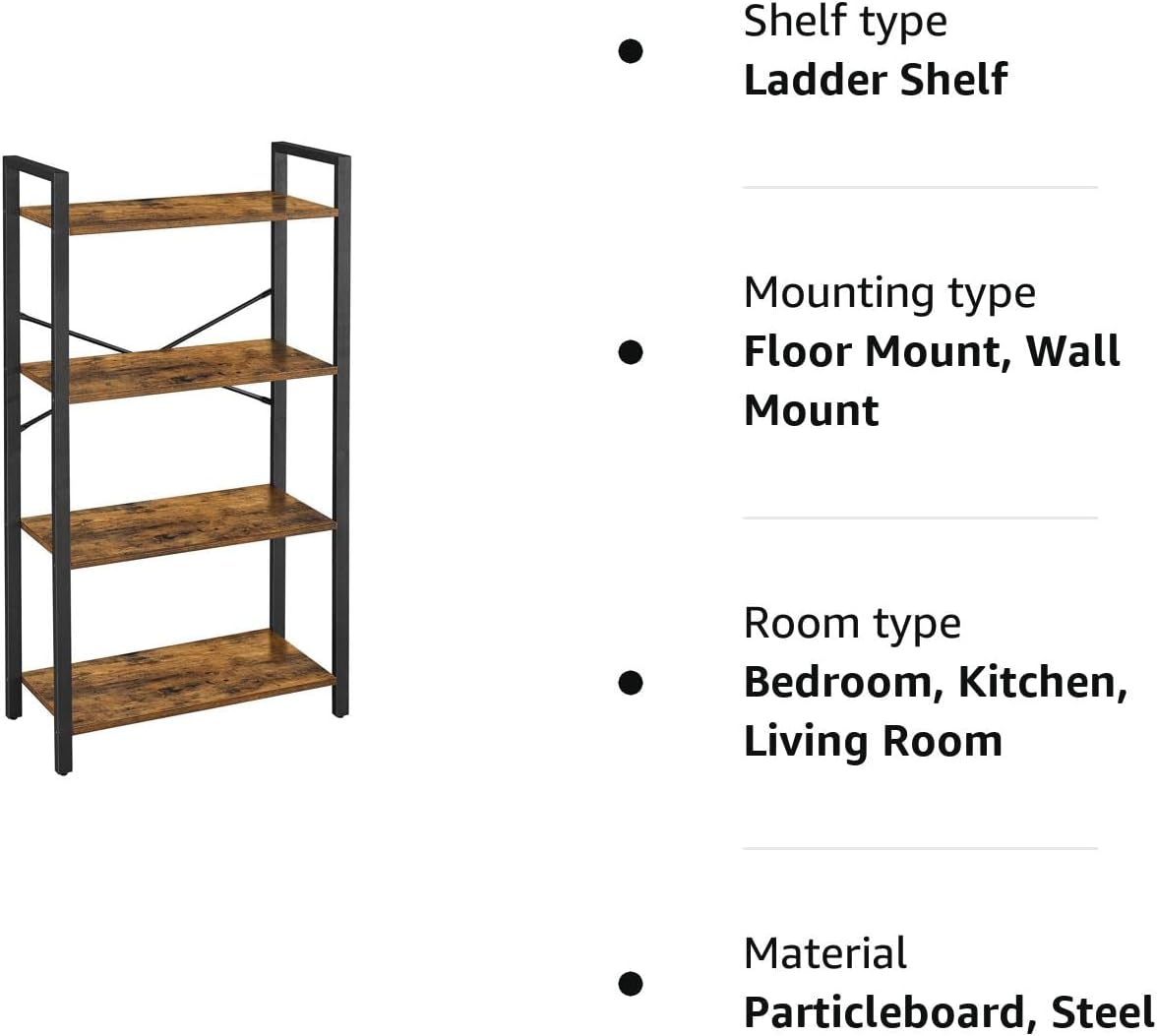 VASAGLE 4-Tier Bookshelf Storage Rack with Steel Frame for Living Room Office Study Hallway Industrial Style Rustic Brown and Black - Cosy Abode