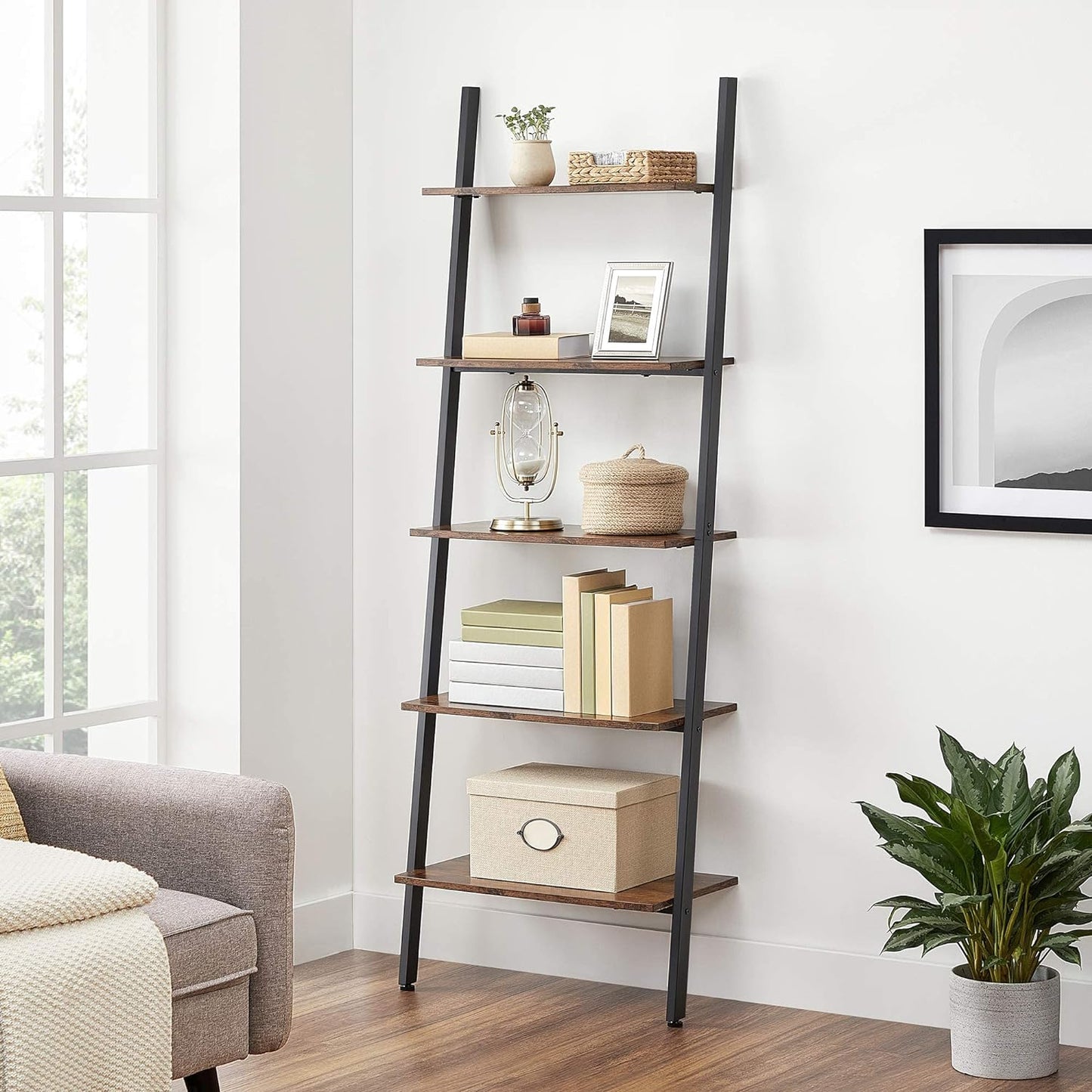 VASAGLE Industrial Ladder Shelf 5-Tier Bookshelf Rack Wall Shelf for Living Room Kitchen Office Stable Steel Leaning Against the Wall Rustic Brown and Black - Cosy Abode