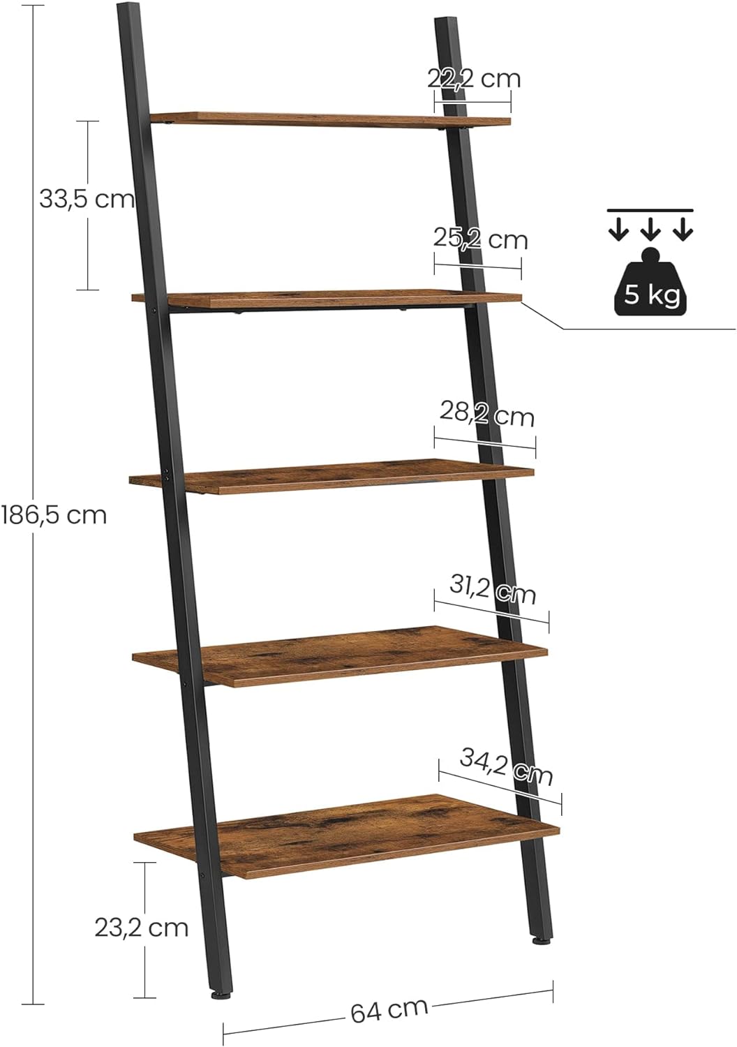 VASAGLE Industrial Ladder Shelf 5-Tier Bookshelf Rack Wall Shelf for Living Room Kitchen Office Stable Steel Leaning Against the Wall Rustic Brown and Black - Cosy Abode