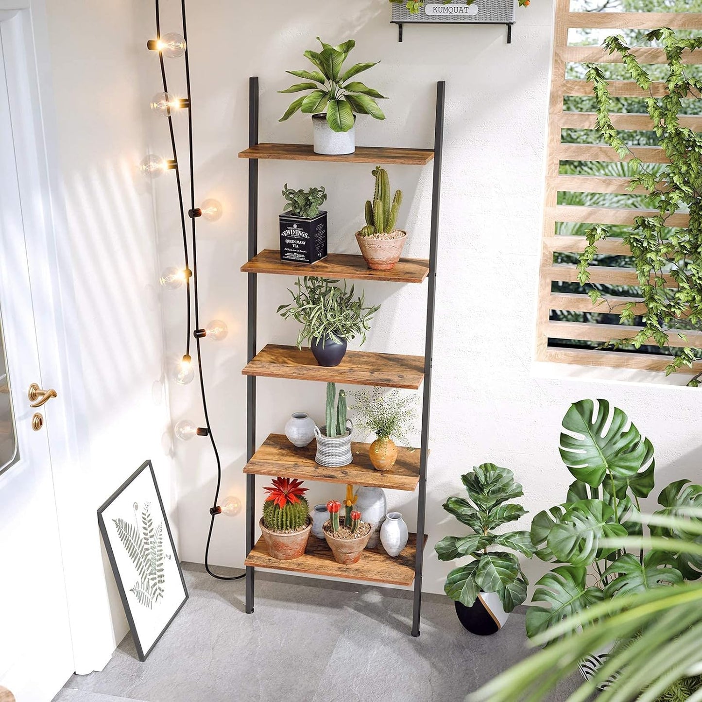 VASAGLE Industrial Ladder Shelf 5-Tier Bookshelf Rack Wall Shelf for Living Room Kitchen Office Stable Steel Leaning Against the Wall Rustic Brown and Black - Cosy Abode