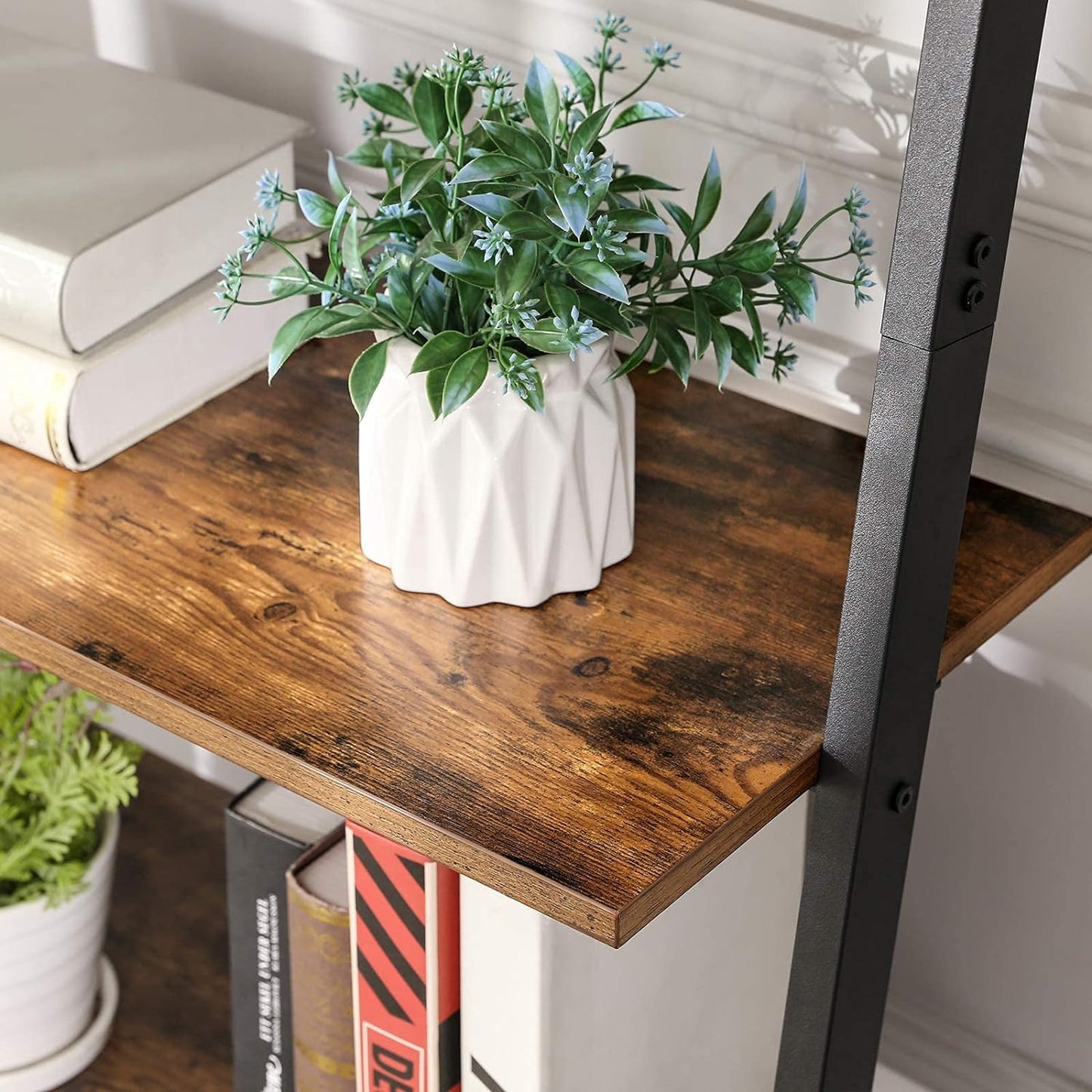 VASAGLE Industrial Ladder Shelf 5-Tier Bookshelf Rack Wall Shelf for Living Room Kitchen Office Stable Steel Leaning Against the Wall Rustic Brown and Black - Cosy Abode