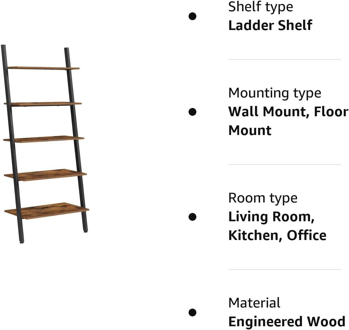 VASAGLE Industrial Ladder Shelf 5-Tier Bookshelf Rack Wall Shelf for Living Room Kitchen Office Stable Steel Leaning Against the Wall Rustic Brown and Black - Cosy Abode