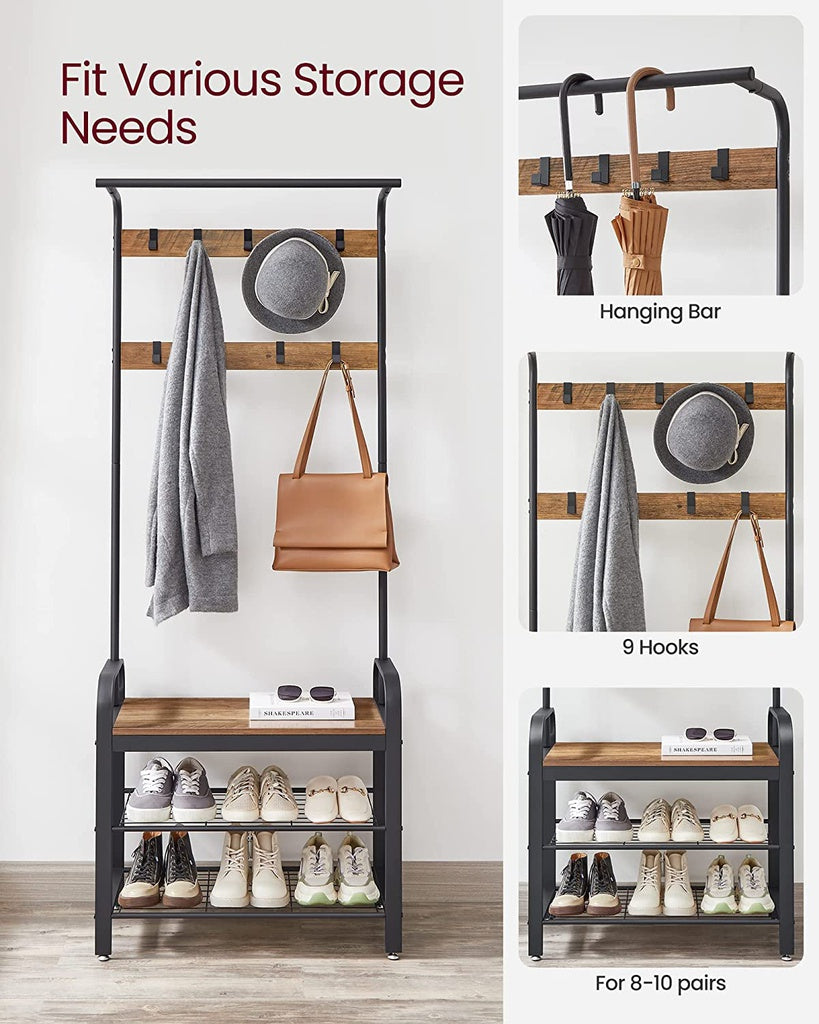 VASAGLE Coat Rack with Shoe Rack 183 cm Height Walnut Brown and Black - Cosy Abode
