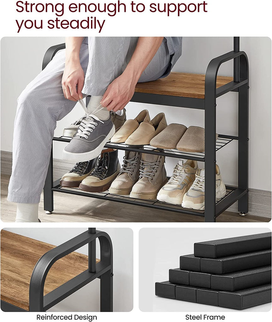 VASAGLE Coat Rack with Shoe Rack 183 cm Height Walnut Brown and Black - Cosy Abode