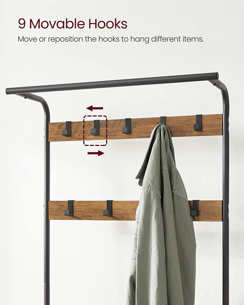 VASAGLE Coat Rack with Shoe Rack 183 cm Height Walnut Brown and Black - Cosy Abode