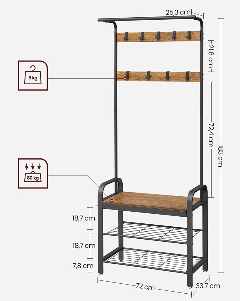 VASAGLE Coat Rack with Shoe Rack 183 cm Height Walnut Brown and Black - Cosy Abode