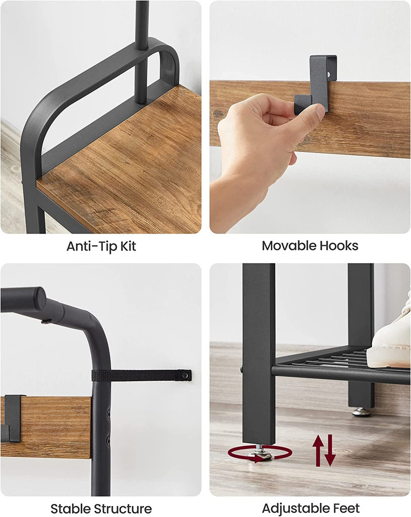 VASAGLE Coat Rack with Shoe Rack 183 cm Height Walnut Brown and Black - Cosy Abode