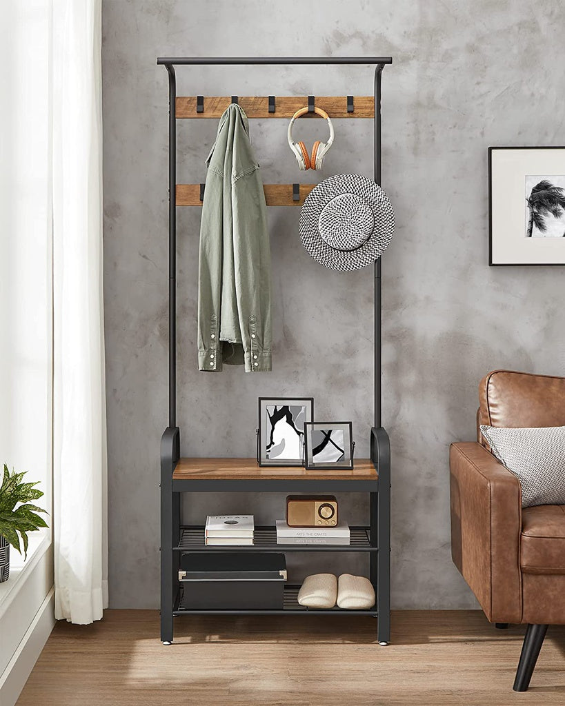 VASAGLE Coat Rack with Shoe Rack 183 cm Height Walnut Brown and Black - Cosy Abode
