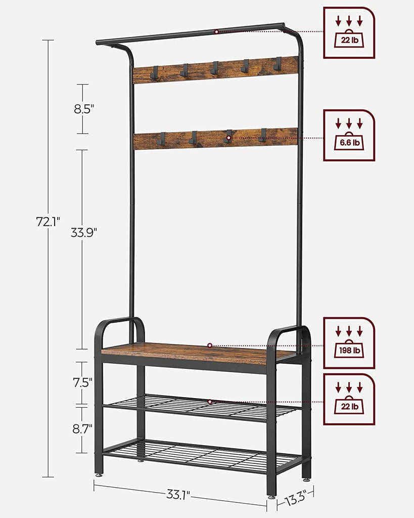 VASAGLE Coat Rack Hall Tree with Shoe Bench 3-in-1 Design Rustic Brown and Black - Cosy Abode