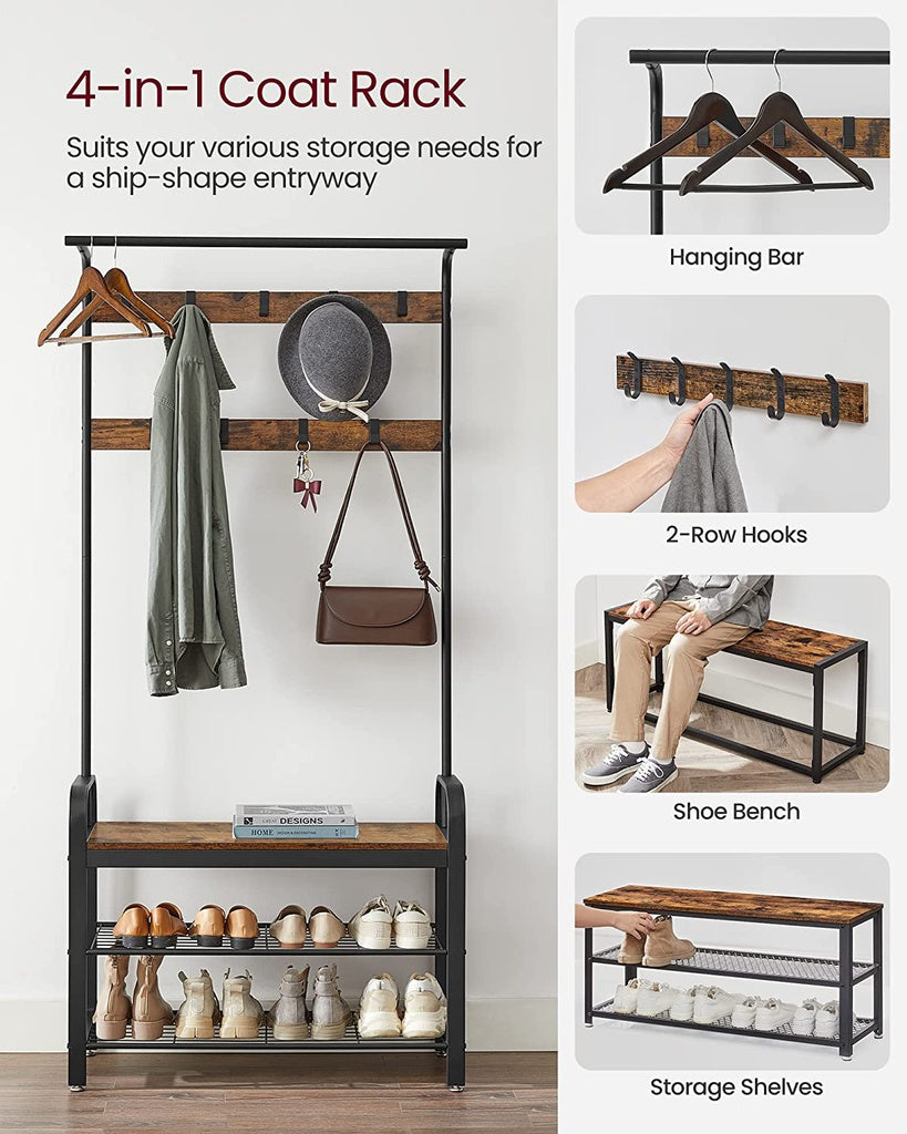 VASAGLE Coat Rack Hall Tree with Shoe Bench 3-in-1 Design Rustic Brown and Black - Cosy Abode