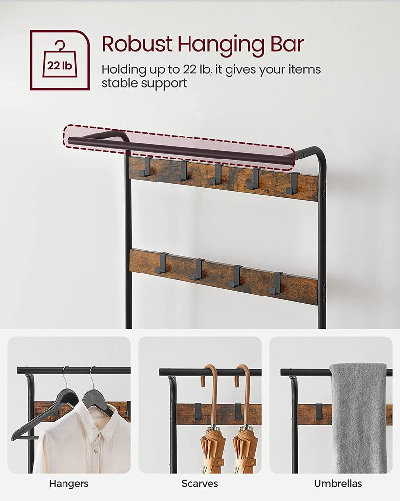 VASAGLE Coat Rack Hall Tree with Shoe Bench 3-in-1 Design Rustic Brown and Black - Cosy Abode