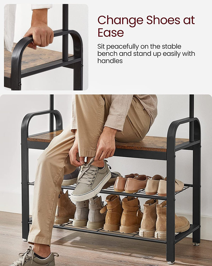 VASAGLE Coat Rack Hall Tree with Shoe Bench 3-in-1 Design Rustic Brown and Black - Cosy Abode