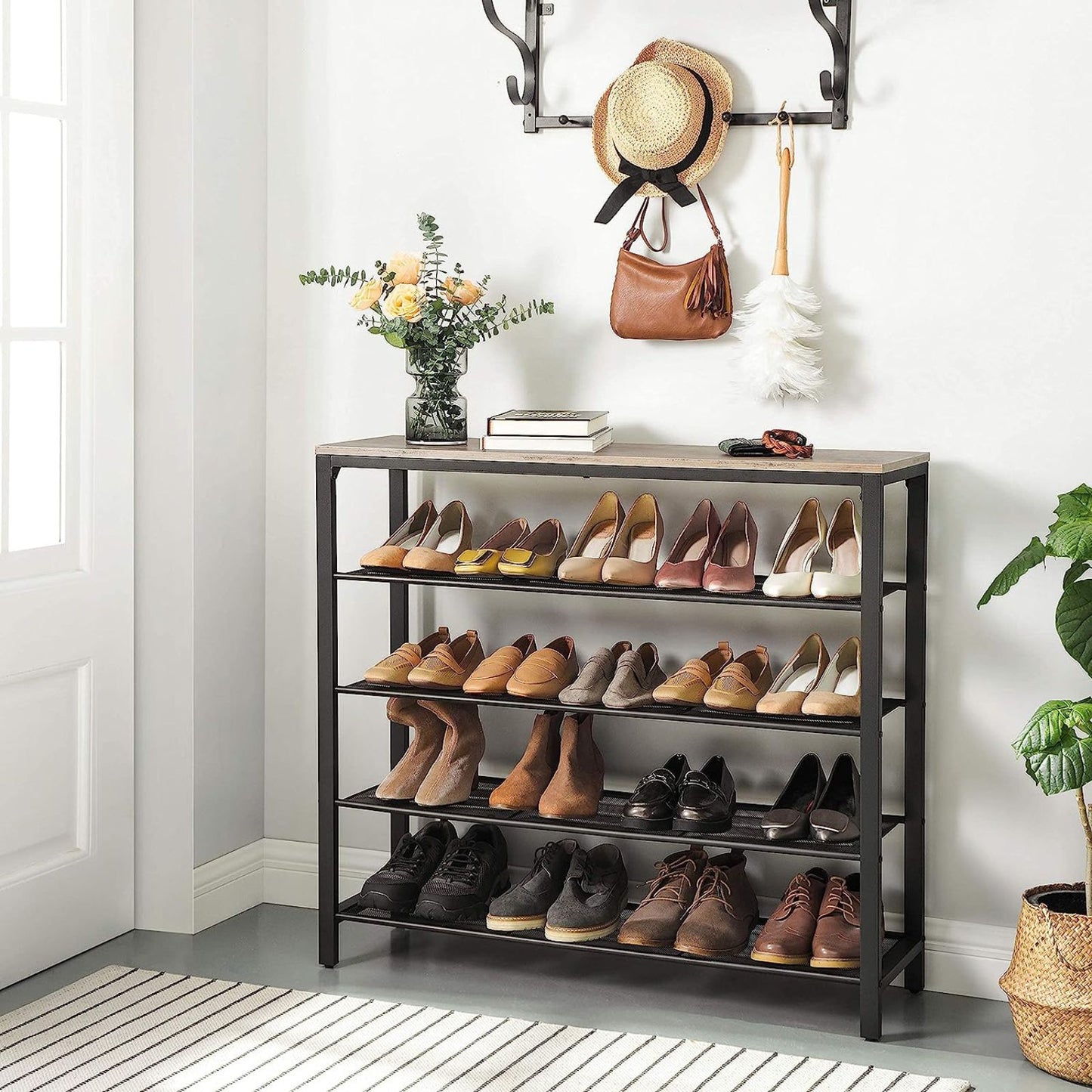 VASAGLE INDESTIC Shoe Rack Organizer with 4 Mesh Shelves Industrial Greige and Black - Cosy Abode