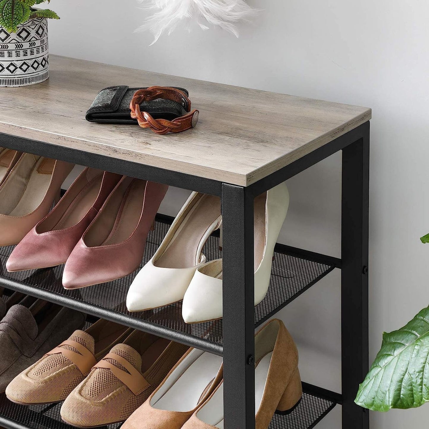 VASAGLE INDESTIC Shoe Rack Organizer with 4 Mesh Shelves Industrial Greige and Black - Cosy Abode