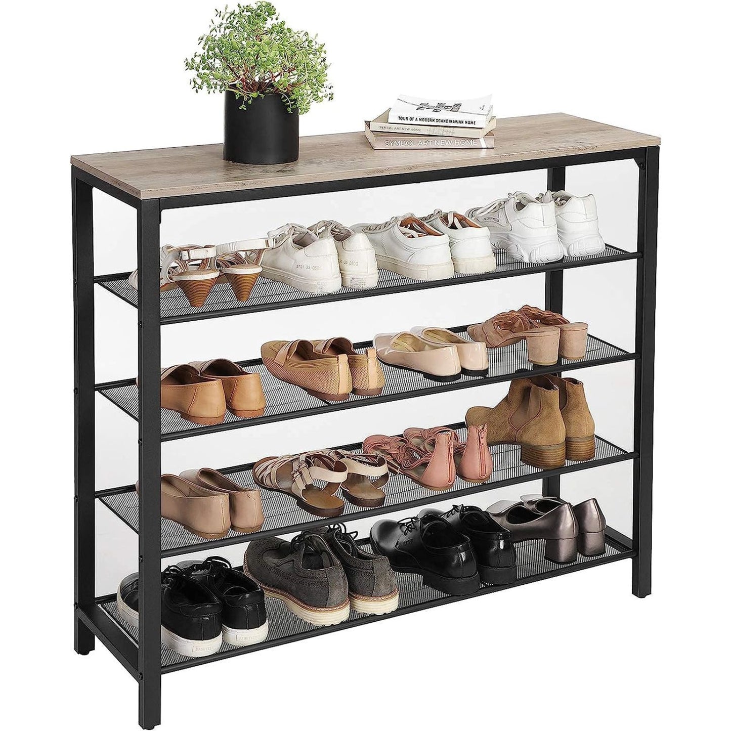 VASAGLE INDESTIC Shoe Rack Organizer with 4 Mesh Shelves Industrial Greige and Black - Cosy Abode
