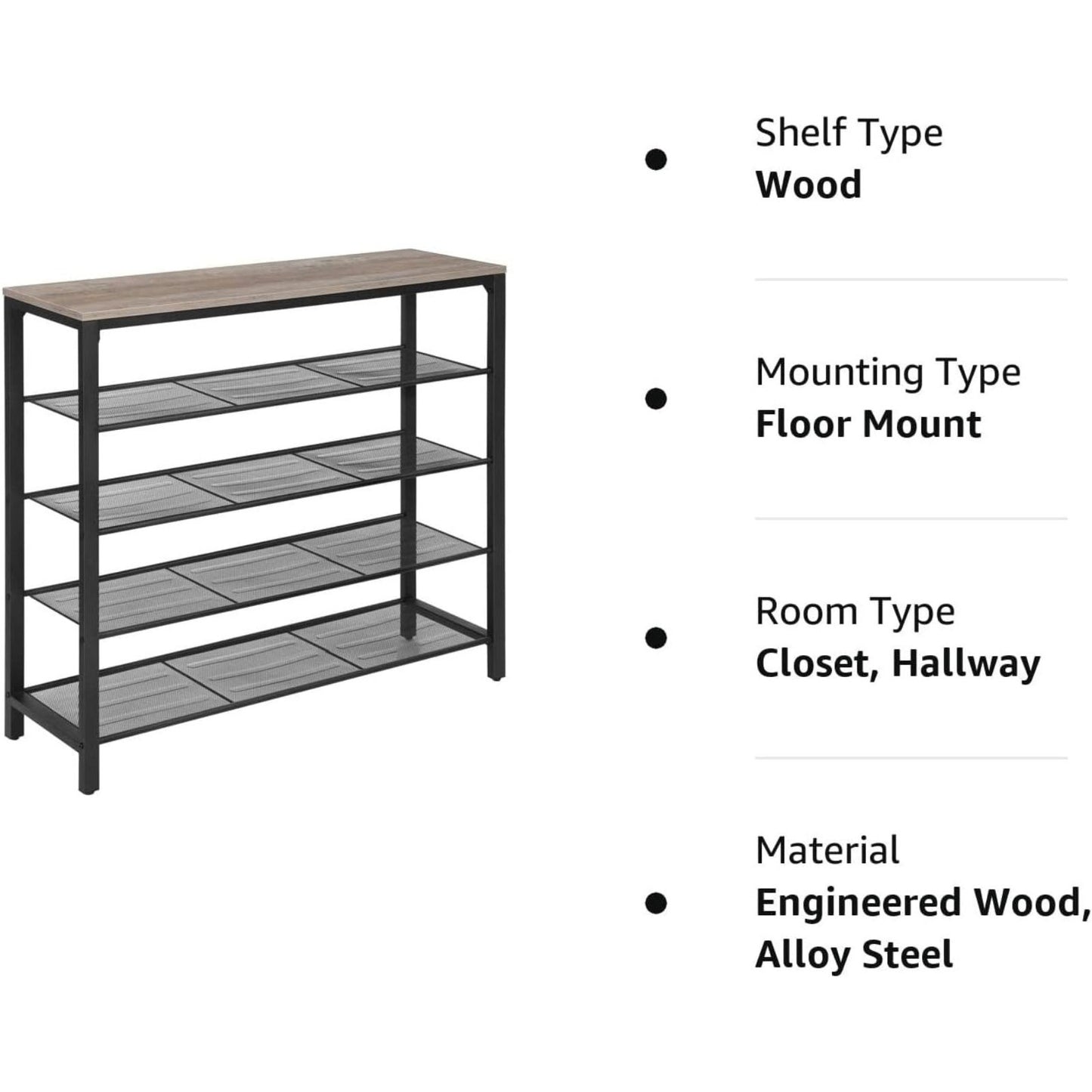 VASAGLE INDESTIC Shoe Rack Organizer with 4 Mesh Shelves Industrial Greige and Black - Cosy Abode