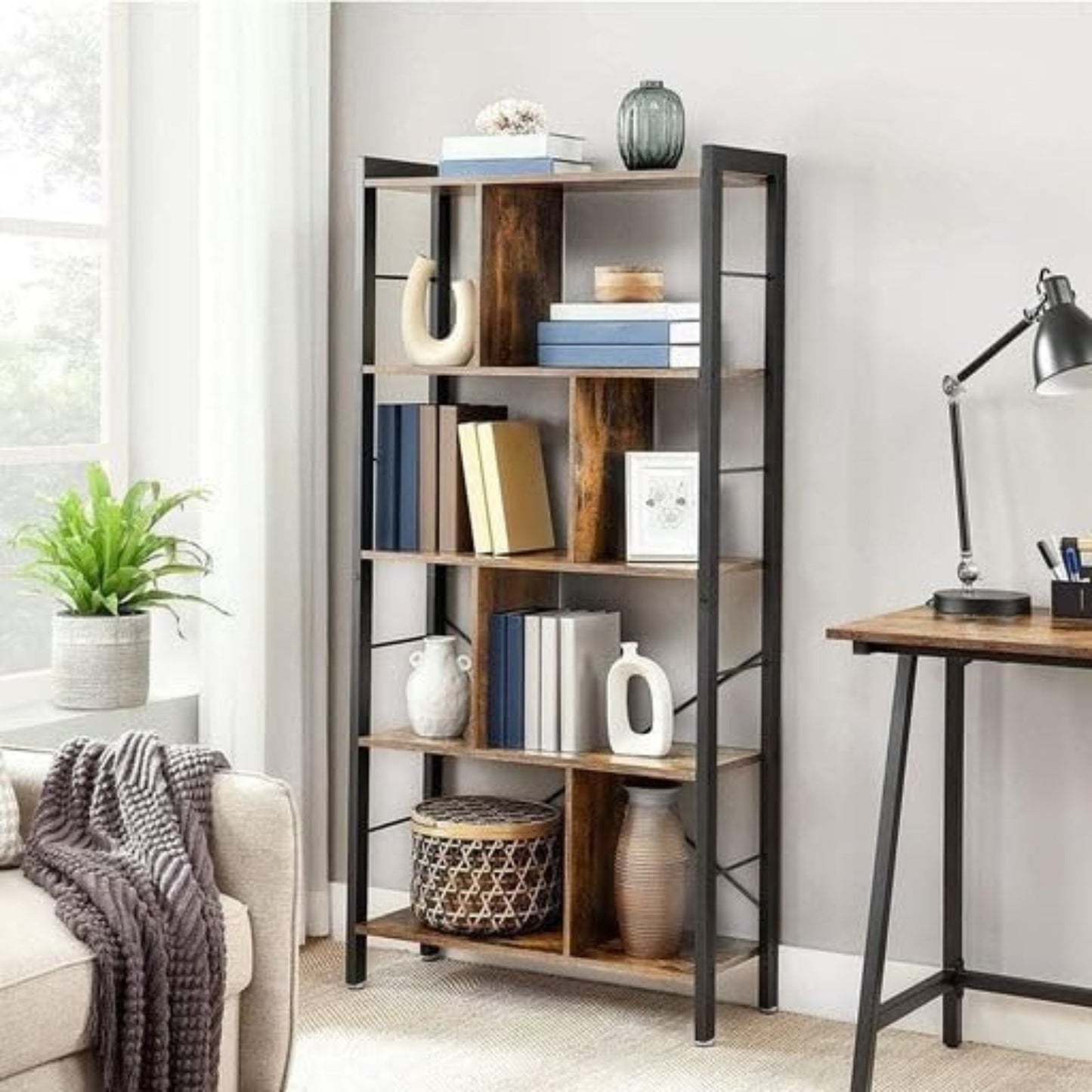 VASAGLE Bookshelf Rustic Brown and Black - Cosy Abode