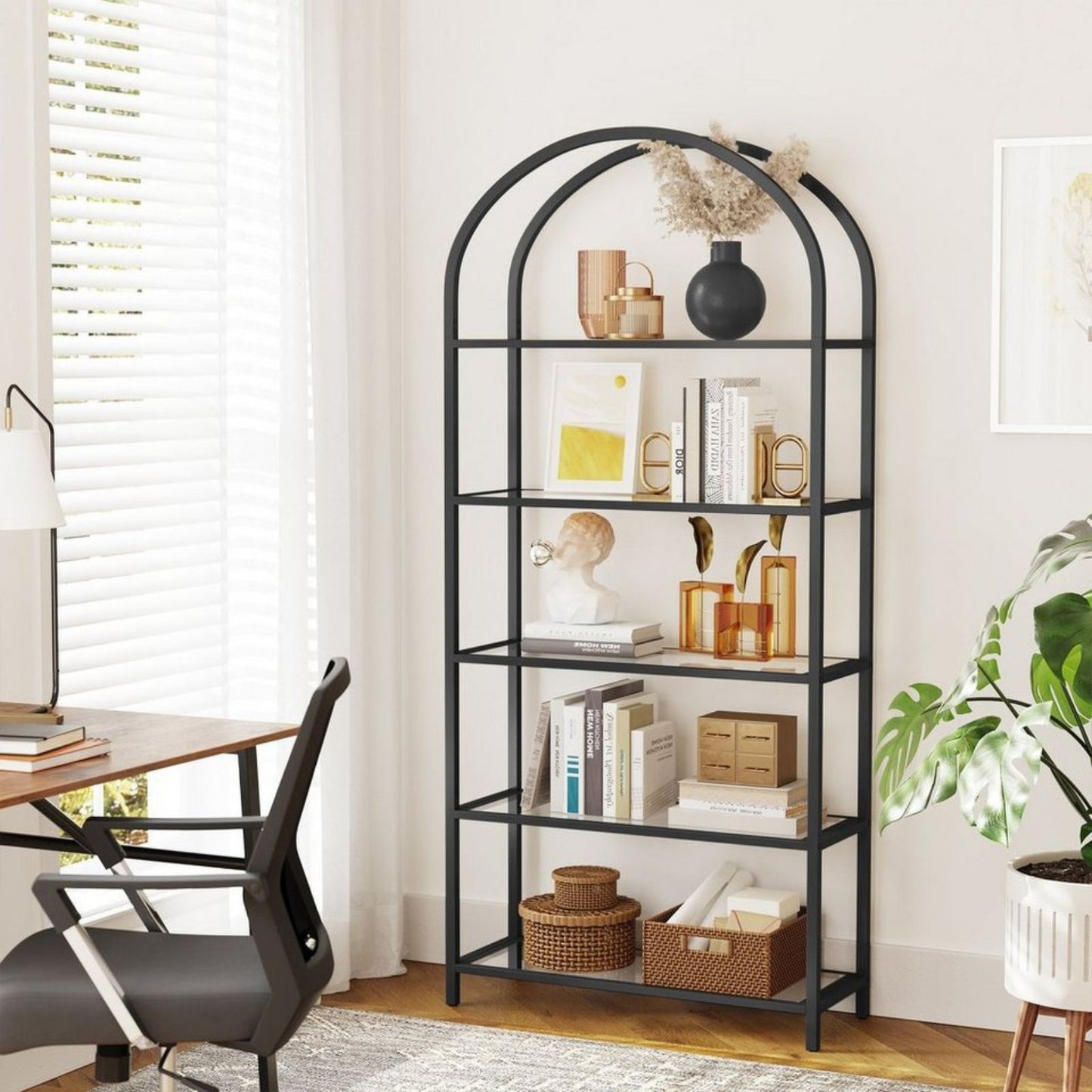 VASAGLE Bookshelf 5 Tier Tempered Glass with Metal Frame - Black - Cosy Abode