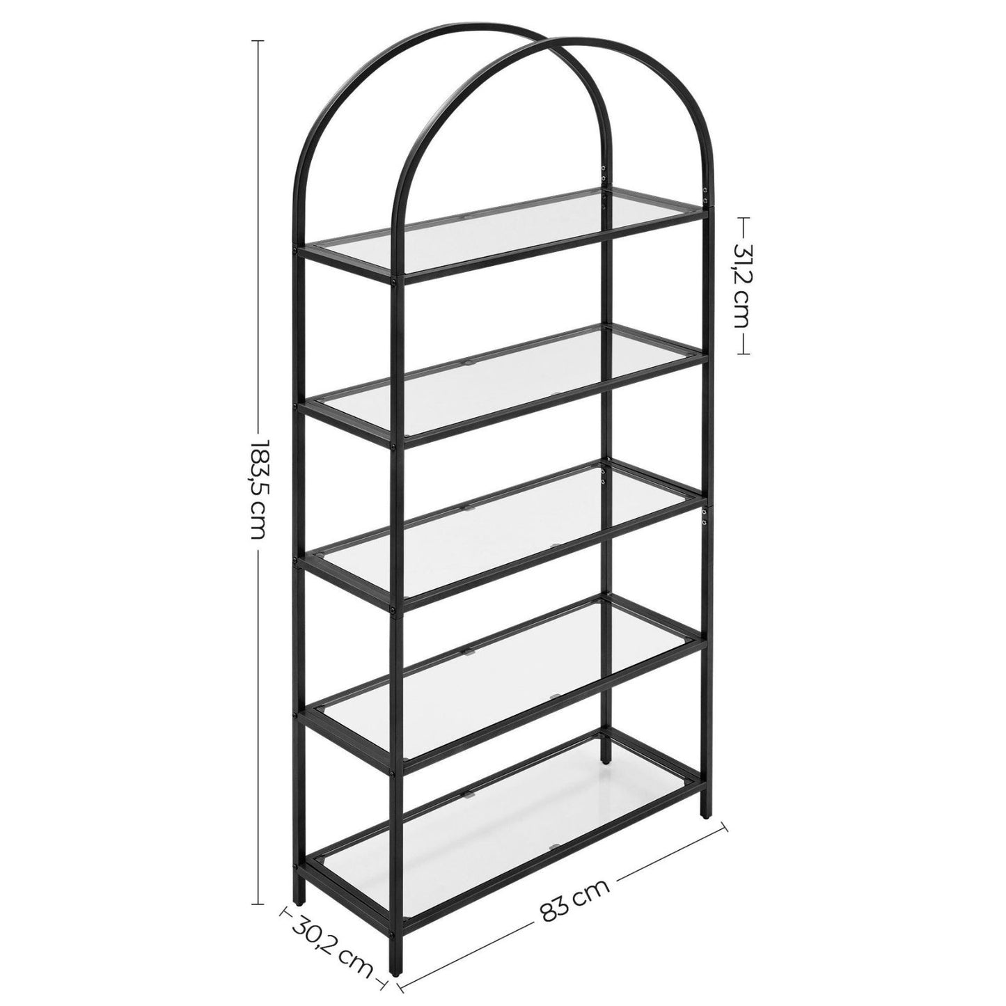 VASAGLE Bookshelf 5 Tier Tempered Glass with Metal Frame - Black - Cosy Abode