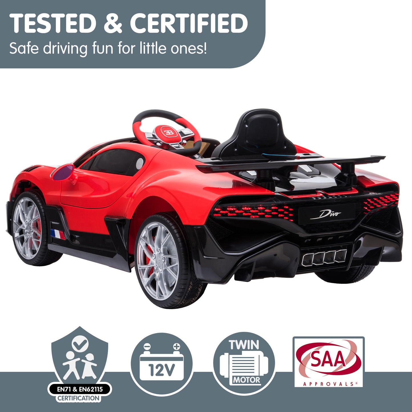 Kahuna Licensed Bugatti Divo Kids Electric Ride On Car - Red - Cosy Abode