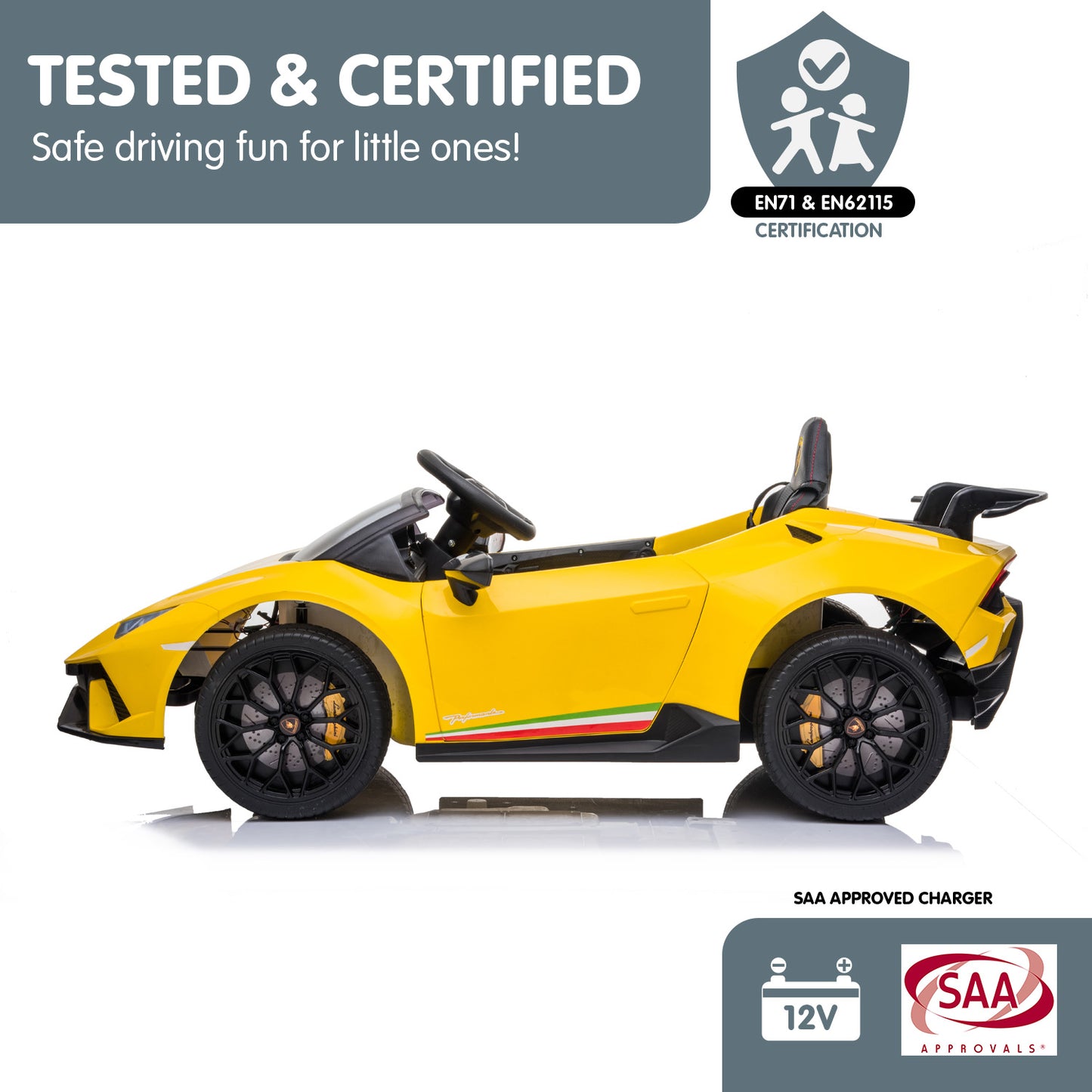 Kahuna Lamborghini Performante Kids Electric Ride On Car Remote Control - Yellow - Cosy Abode