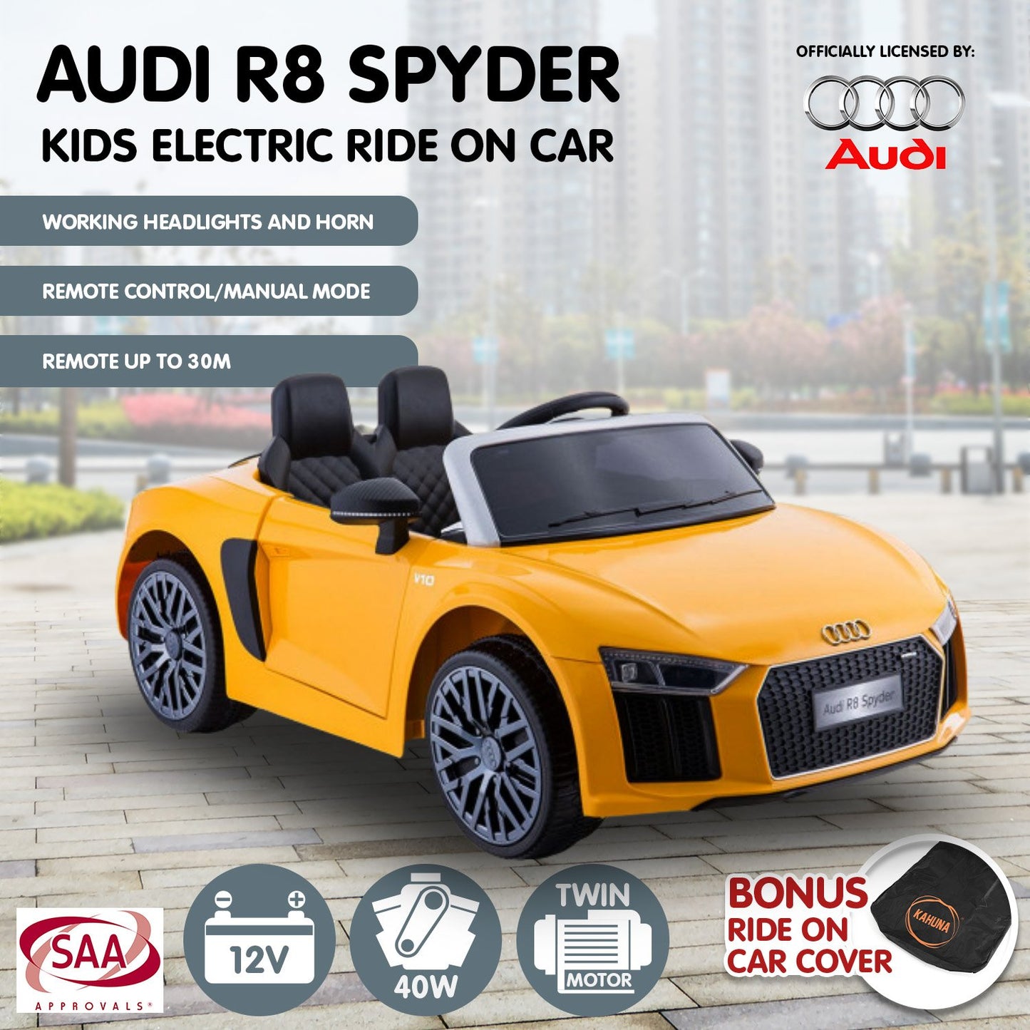 Kahuna R8 Spyder Audi Licensed Kids Electric Ride On Car Remote Control - Yellow - Cosy Abode
