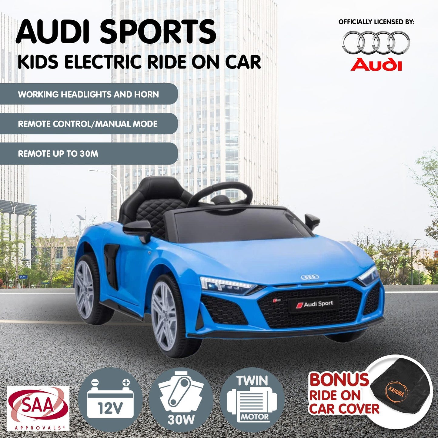 Kahuna Audi Sport Licensed Kids Electric Ride On Car Remote Control - Blue - Cosy Abode