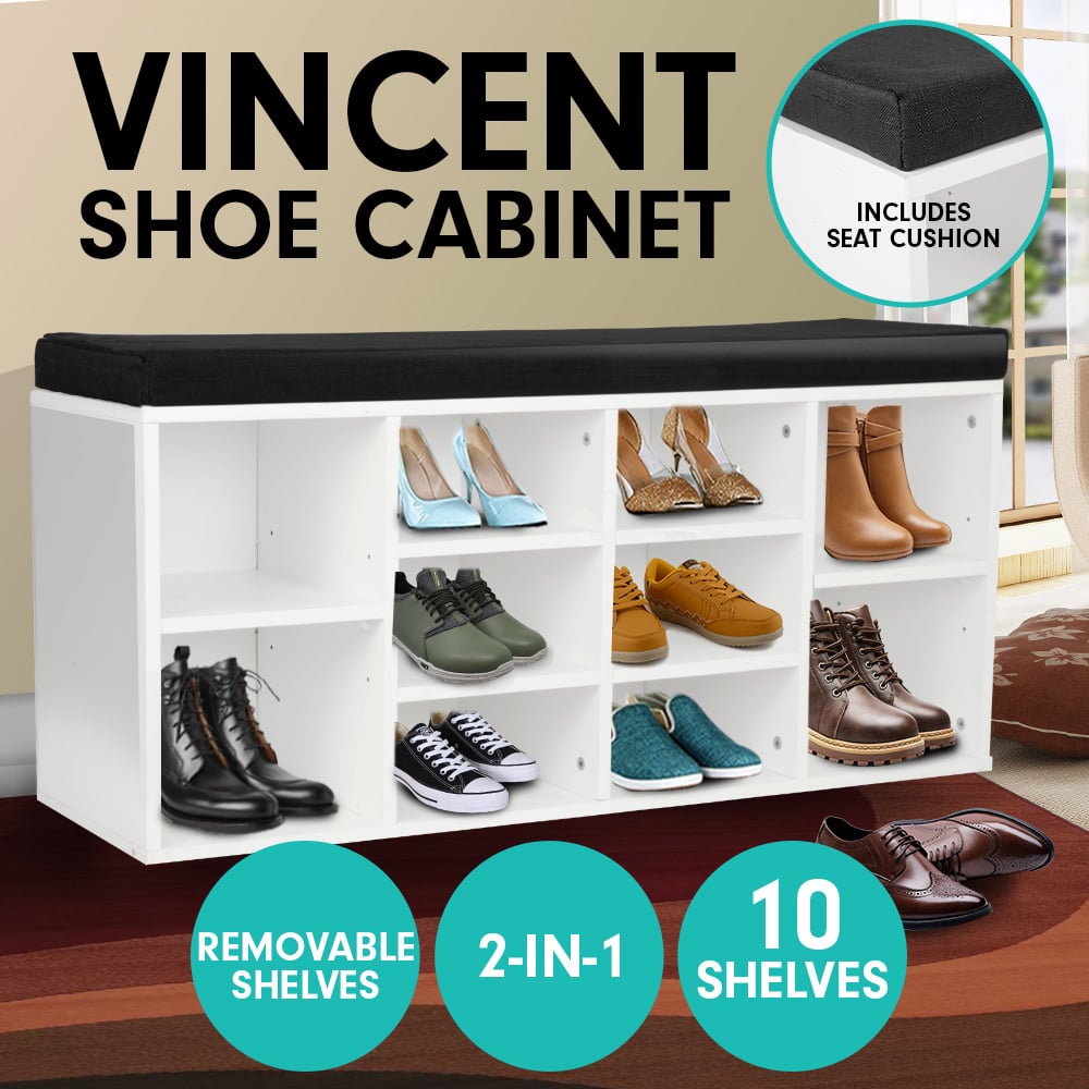Sarantino New 10 Pairs Shoe Cabinet Rack Storage Organiser Shelf Stool Bench Wood - White - Cosy Abode