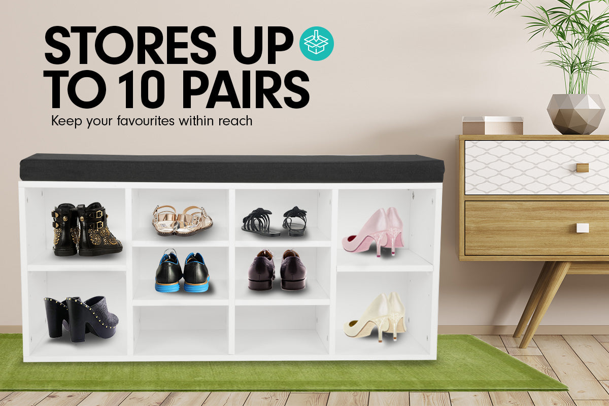 Sarantino New 10 Pairs Shoe Cabinet Rack Storage Organiser Shelf Stool Bench Wood - White - Cosy Abode