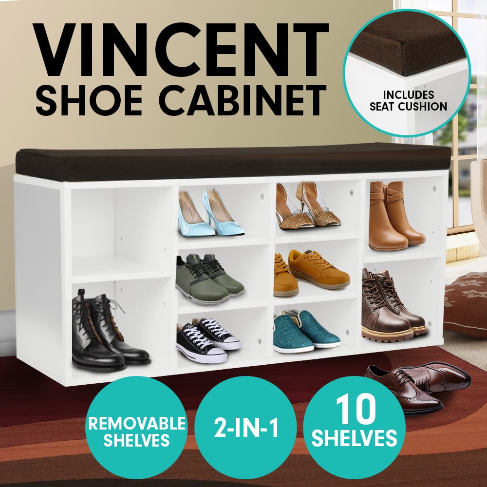 Sarantino Shoe Rack Cabinet Organiser Brown Cushion Bench Stool - 104 X 30 X 45 - White - Cosy Abode