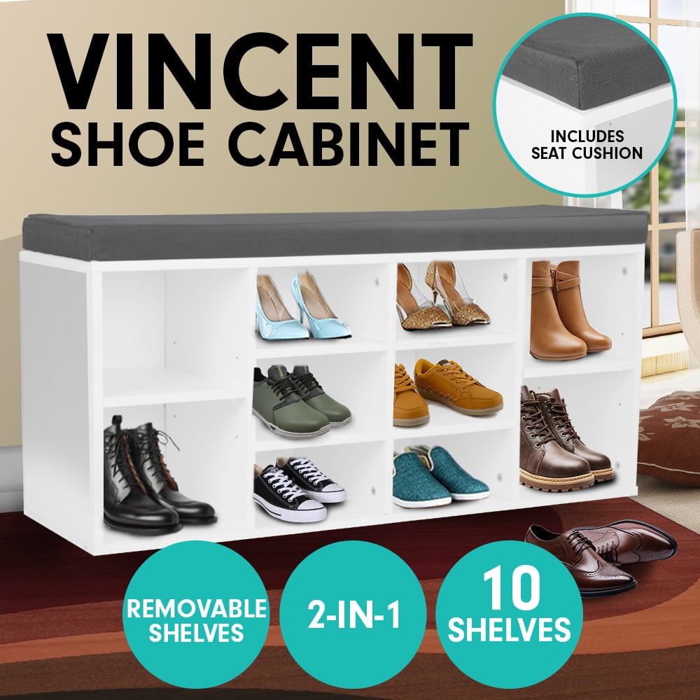 Sarantino Shoe Rack Cabinet Organiser Grey Cushion Sttol Bench Ottoman - 104 X 30 X 45 - White - Cosy Abode