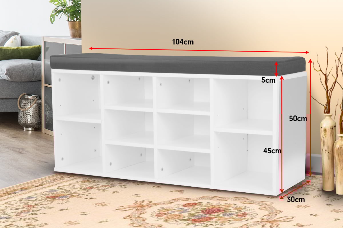 Sarantino Shoe Rack Cabinet Organiser Grey Cushion Sttol Bench Ottoman - 104 X 30 X 45 - White - Cosy Abode