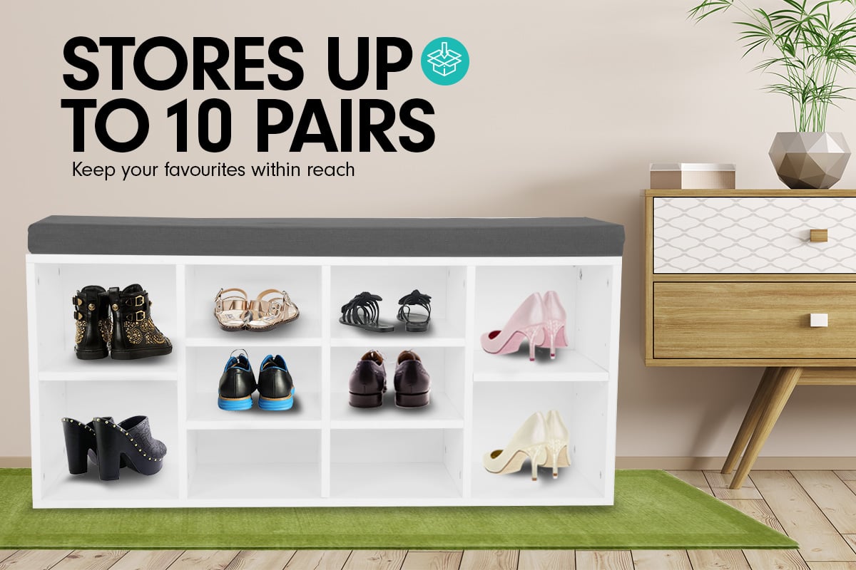 Sarantino Shoe Rack Cabinet Organiser Grey Cushion Sttol Bench Ottoman - 104 X 30 X 45 - White - Cosy Abode