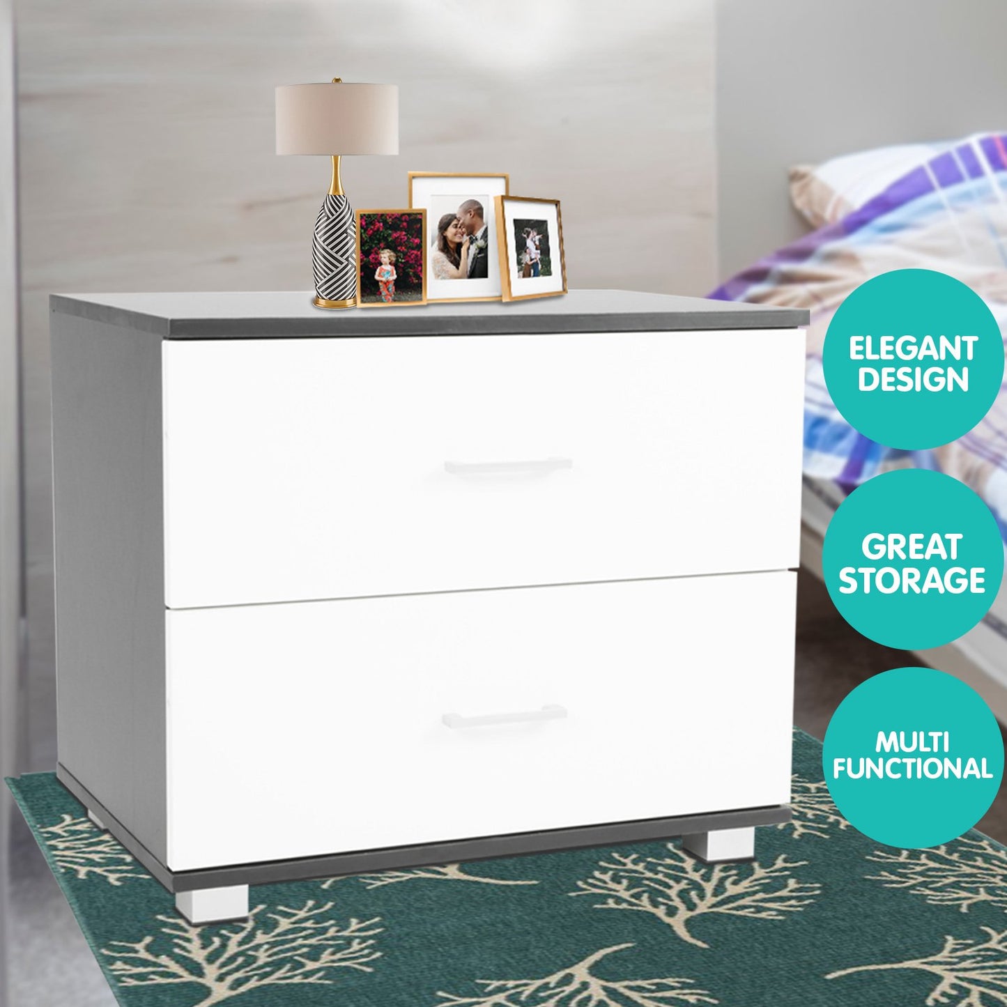 Sarantino Bedside Table Cabinet Storage Chest 2 Drawers Lamp Side Nightstand White Black - Cosy Abode
