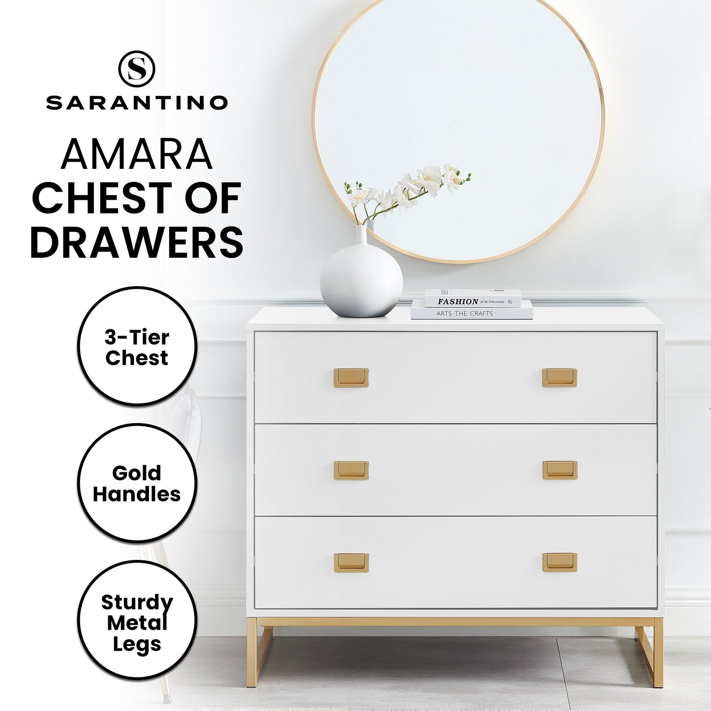 Sarantino Amara Chest Of Drawers Tallboy Dresser - White/gold - Cosy Abode