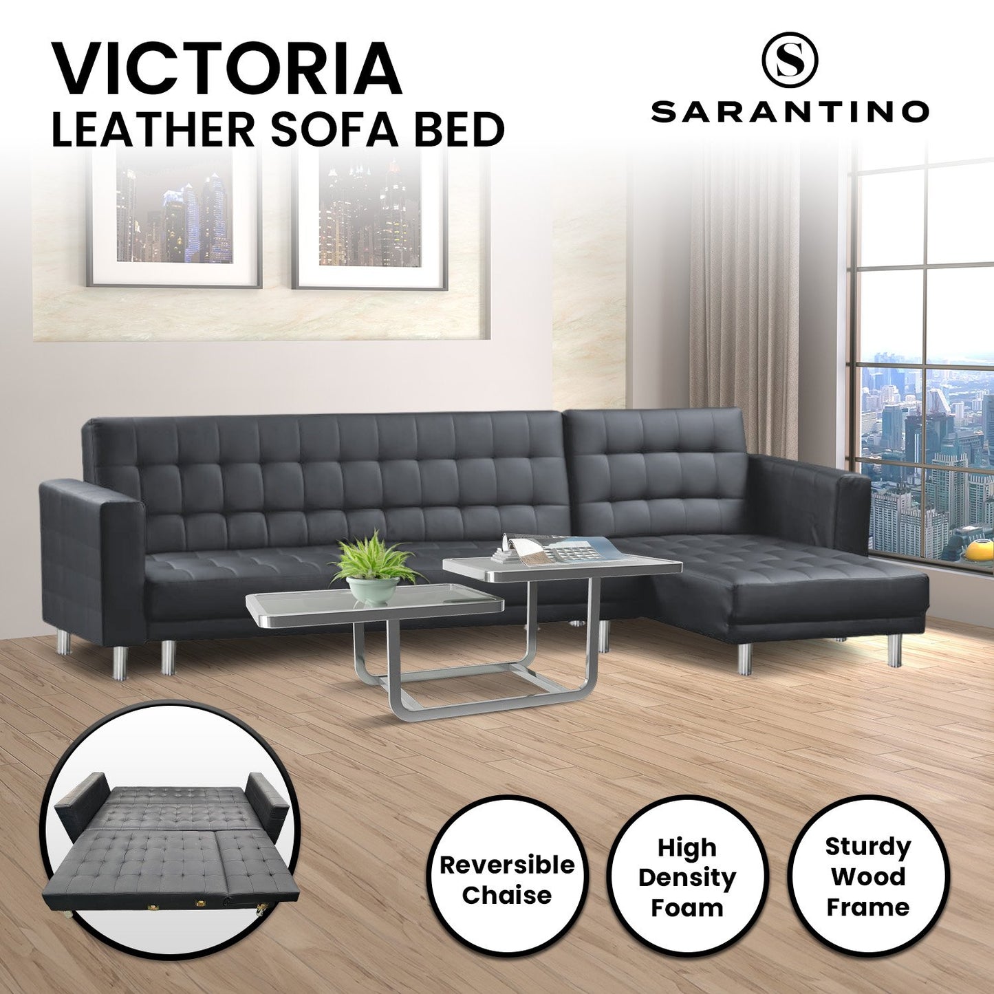Sarantino Corner Faux Leather Sofa Bed Couch with Chaise - Black - Cosy Abode