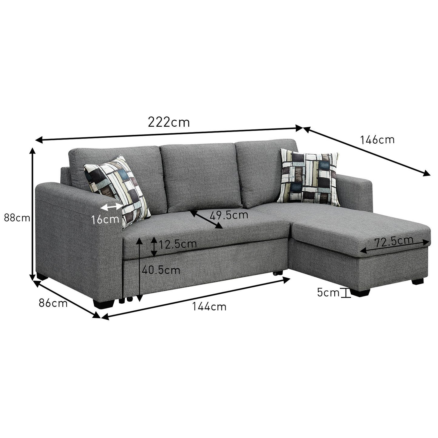 Sarantino Fontana Pullout Sofa Bed with Storage Chaise Lounge - Grey - Cosy Abode