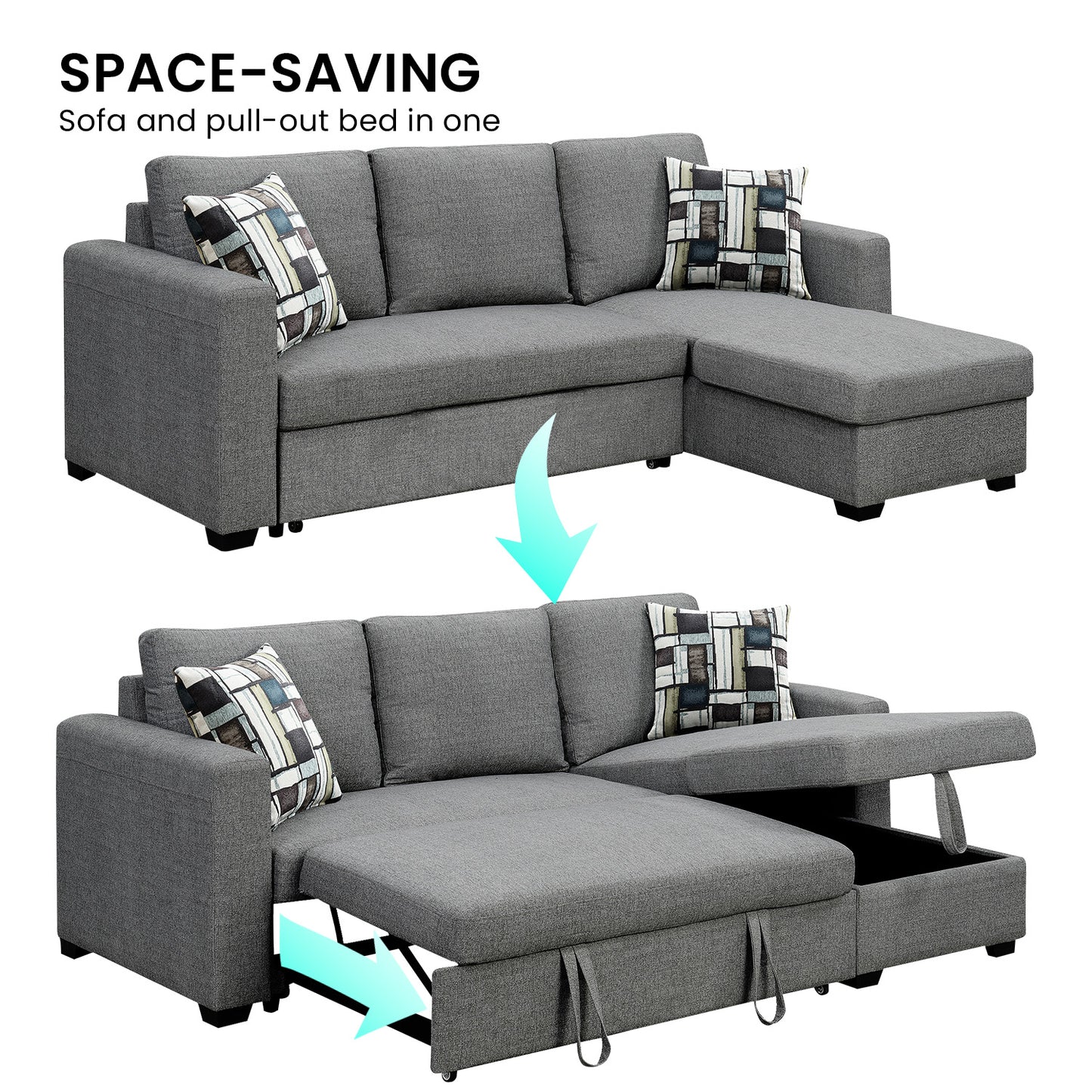 Sarantino Fontana Pullout Sofa Bed with Storage Chaise Lounge - Grey - Cosy Abode