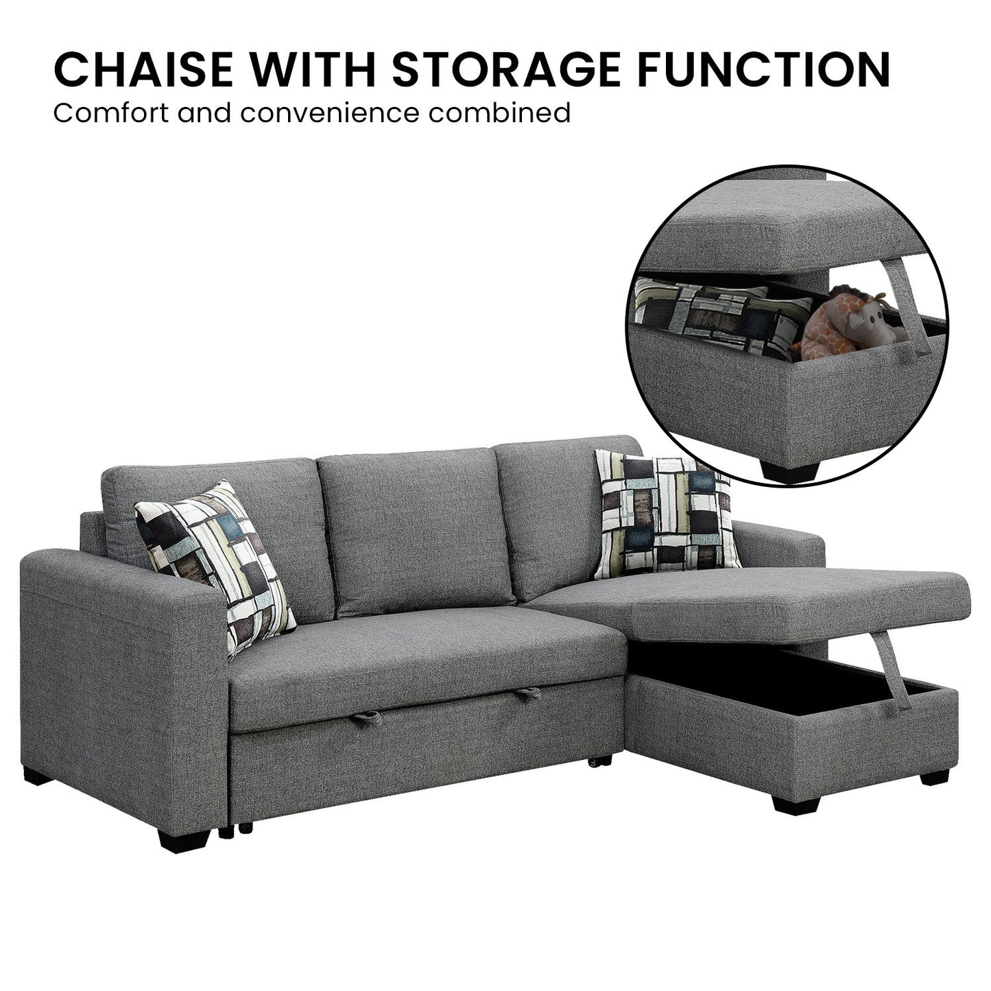 Sarantino Fontana Pullout Sofa Bed with Storage Chaise Lounge - Grey - Cosy Abode