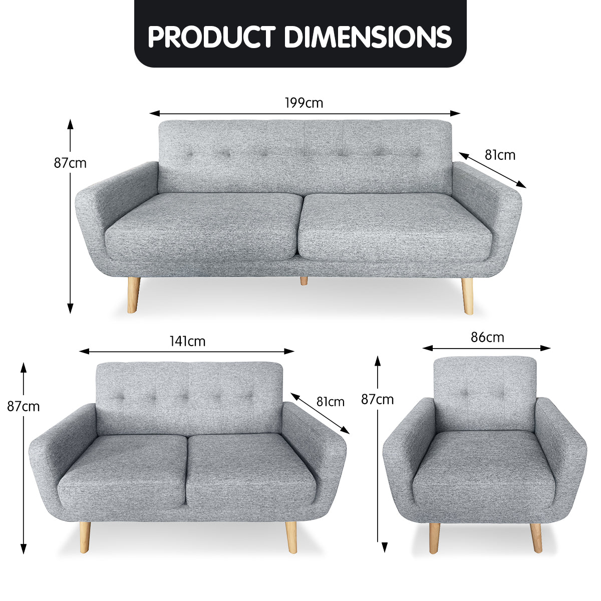 Sarantino 6-Seater Linen Sofa Set Couch Futon - Light Grey - Cosy Abode