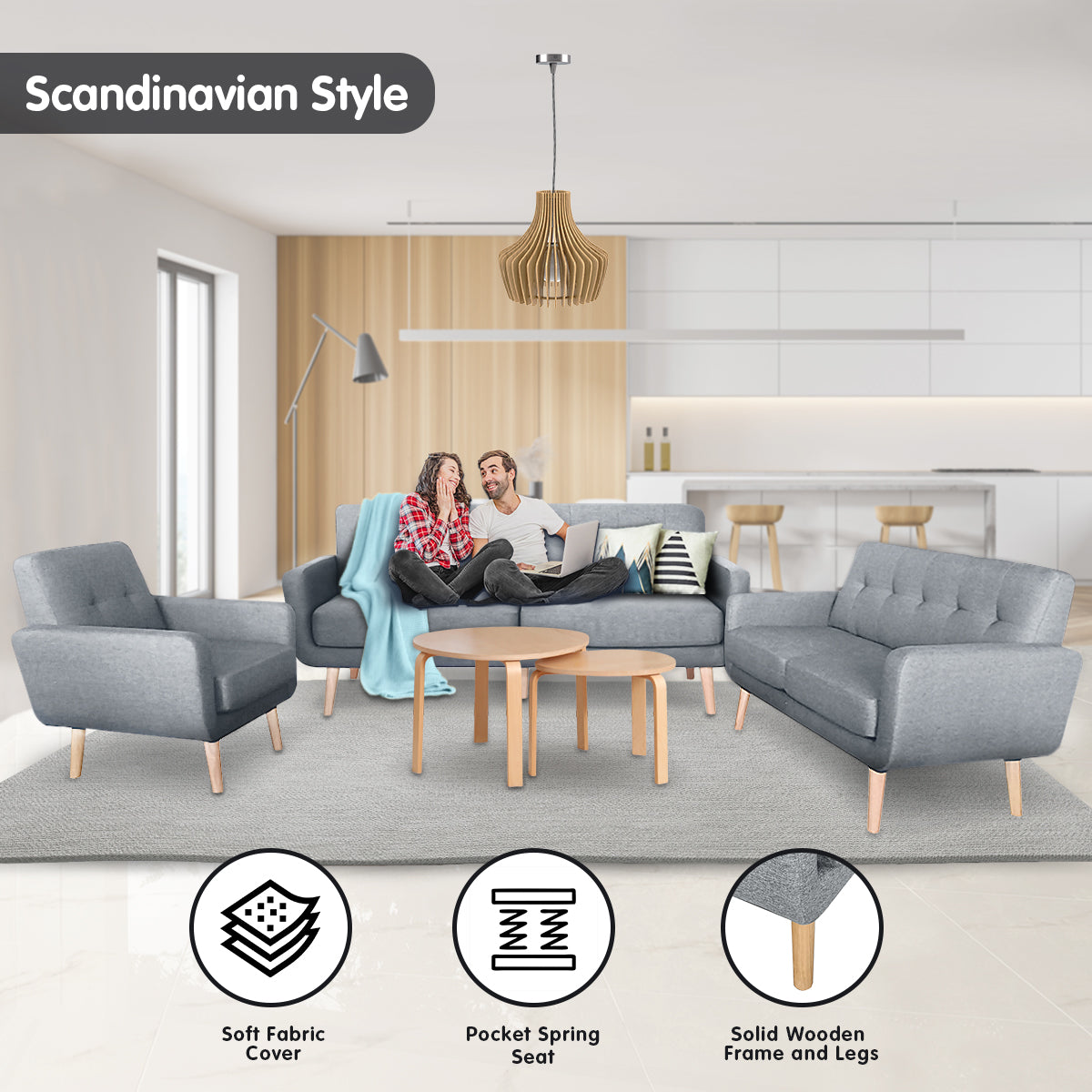 Sarantino 6-Seater Linen Sofa Set Couch Futon - Light Grey - Cosy Abode