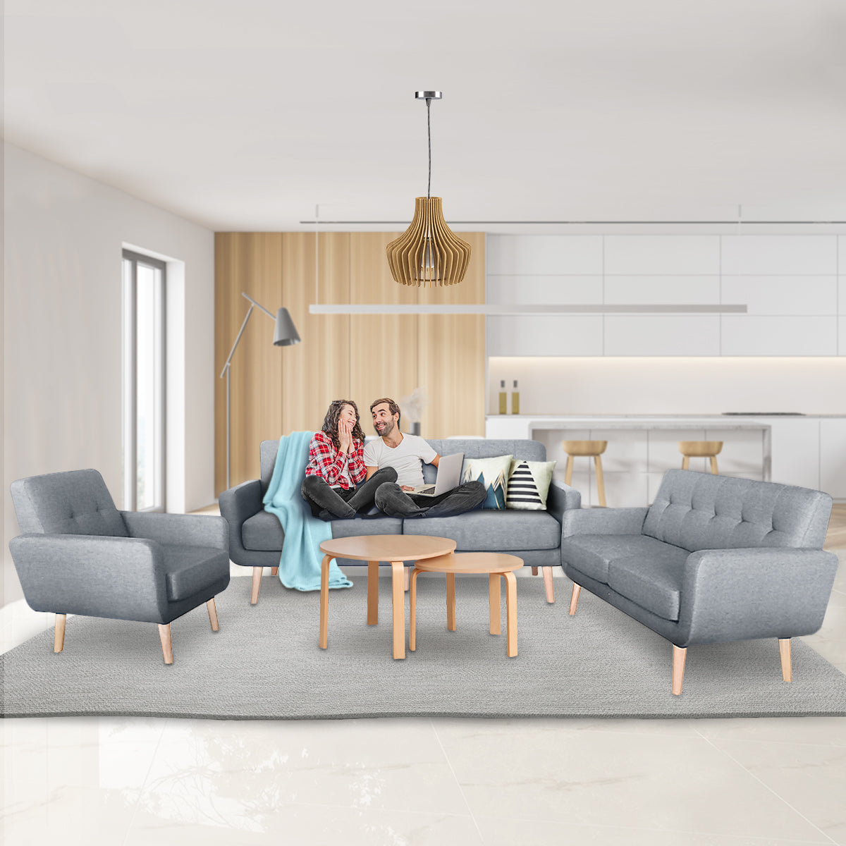 Sarantino 6-Seater Linen Sofa Set Couch Futon - Light Grey - Cosy Abode