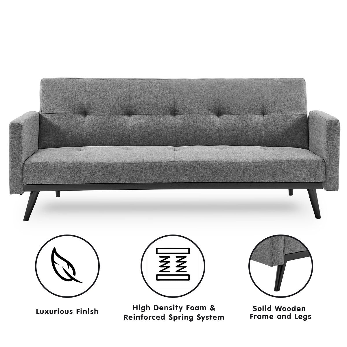 Sarantino Tufted Faux Linen 3-Seater Sofa Bed with Armrests - Light Grey - Cosy Abode
