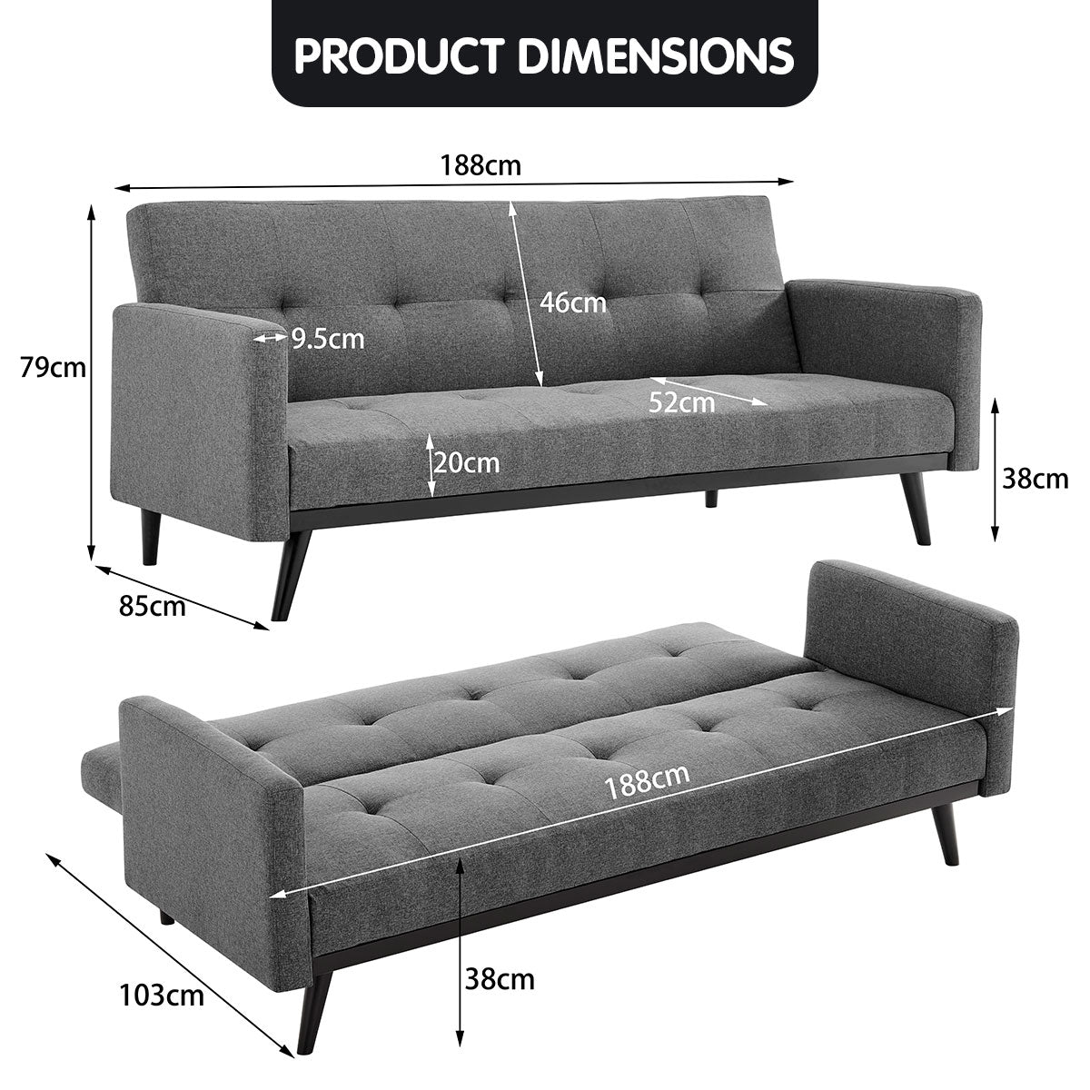 Sarantino Tufted Faux Linen 3-Seater Sofa Bed with Armrests - Light Grey - Cosy Abode