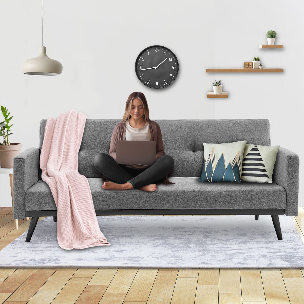 Sarantino Tufted Faux Linen 3-Seater Sofa Bed with Armrests - Light Grey - Cosy Abode