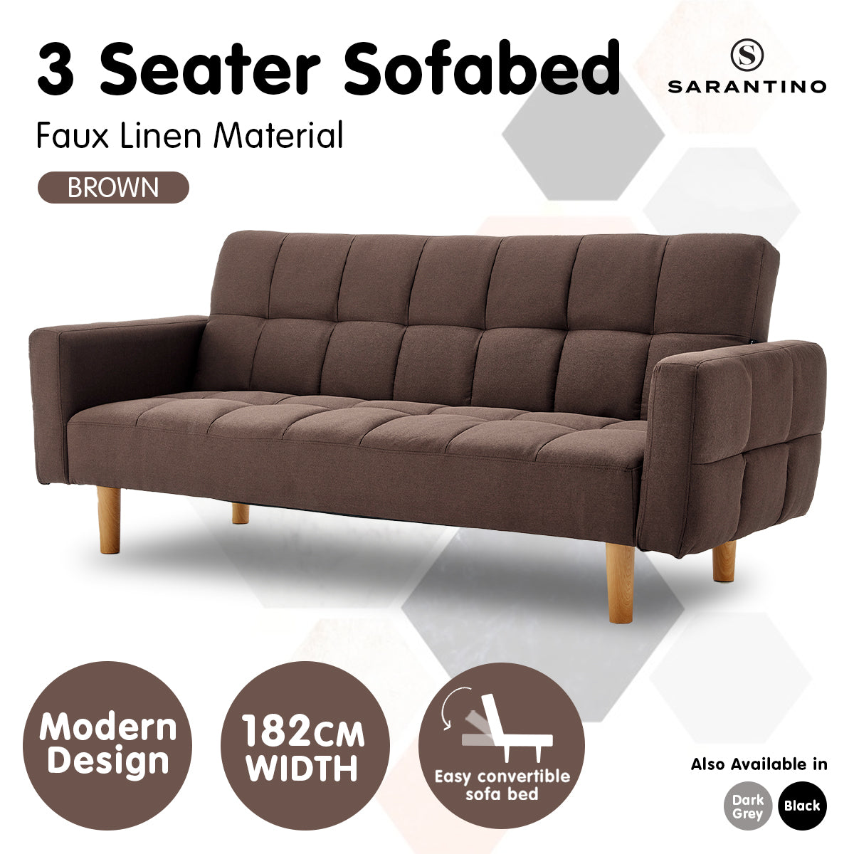 Sarantino 3-Seater Fabric Sofa Bed Futon - Brown - Cosy Abode